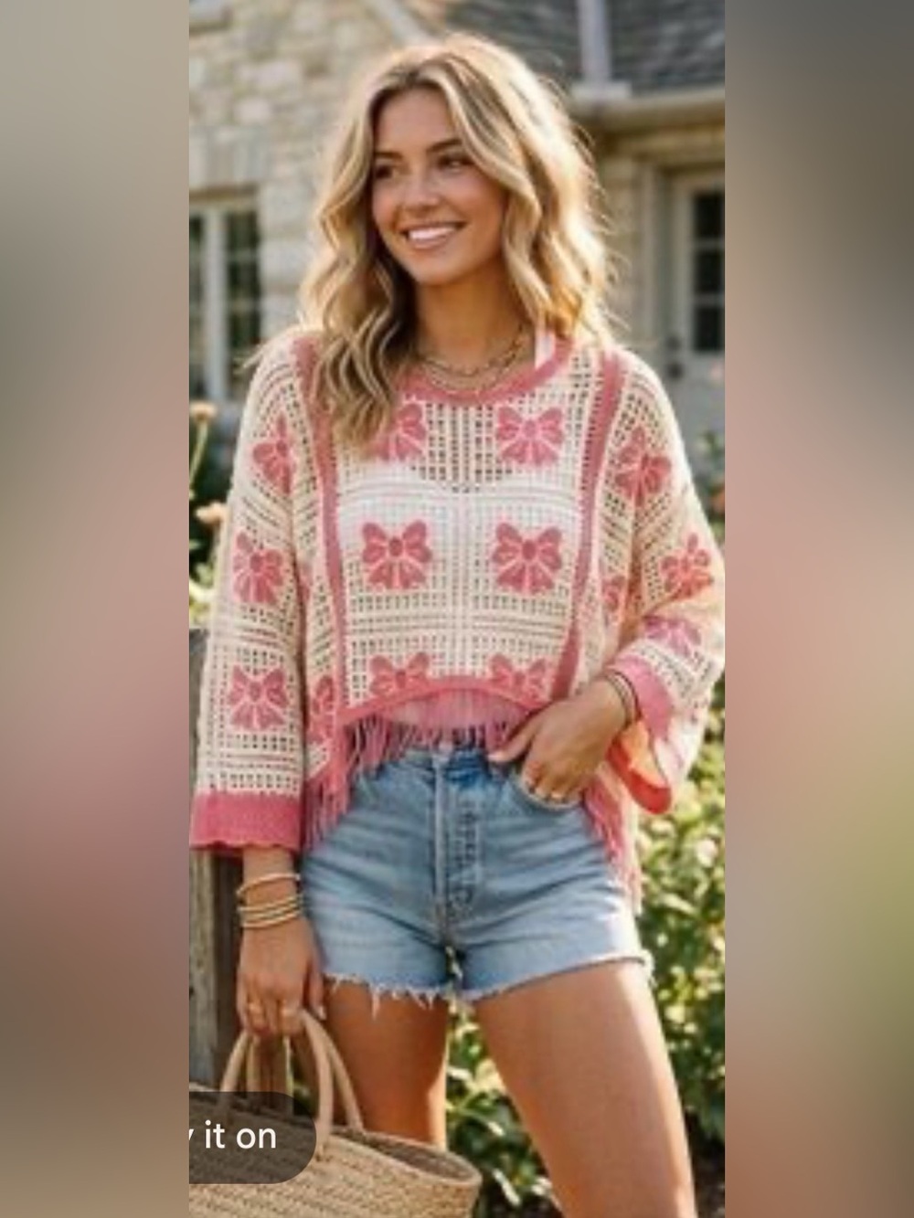 House of Harlow 1960 Cream Crochet Poncho with Pink Floral Accents